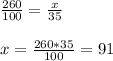 \frac{260}{100} =\frac{x}{35}\\\\ x= \frac{260*35}{100}= 91