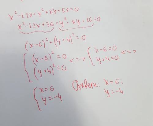 Решите уровнение x2-12x+y2+8y+52=0