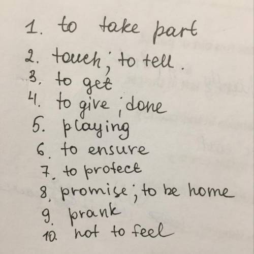 с английским, 1. to take part/ taking part2. touch/to touch; telling/to tell3. getting/ to get4. giv