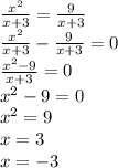 \frac{ {x}^{2} }{x + 3} = \frac{9}{x + 3} \\ \frac{ {x}^{2} }{x + 3} - \frac{9}{x + 3} = 0 \\ \frac{ {x}^{2} - 9 }{x + 3} = 0 \\ {x}^{2} - 9 = 0 \\ {x}^{2} = 9 \\ x = 3 \\ x = - 3