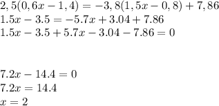 2,5(0,6x-1,4)=-3,8(1,5x-0,8)+7,86\\1.5x-3.5=-5.7x+3.04+7.86\\1.5x-3.5+5.7x-3.04-7.86=0\\\\\\7.2x-14.4=0\\7.2x=14.4\\x=2