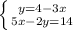 \left \{ {{y=4 - 3x} \atop {5x - 2y = 14}} \right.