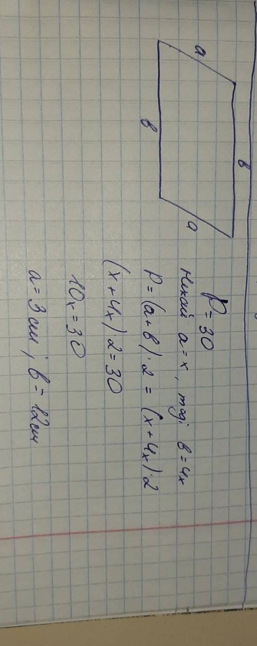 Одна із сторін паралелограма в 4 рази більша від іншої, а периметр становить 30 см. Чому дорівнюють