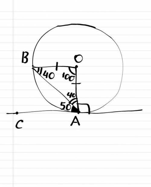 АС- косательноя к окружности.Угол ВАС равен 50.Определите угол АОВ
