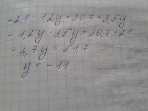 Реши уравнение: −21−1,2y=30,7+3,5y y=