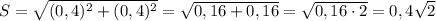 S=\sqrt{(0,4)^2+(0,4)^2}=\sqrt{0,16+0,16}=\sqrt{0,16\cdot2}=0,4\sqrt2