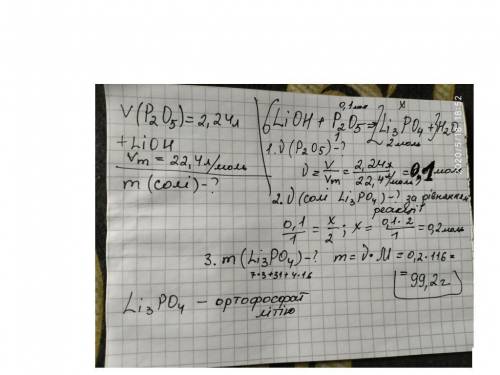 Через розчин літій гідроксиду пропустили фосфор (V) оксид об’ємом 2,24 л. (н.у.) до повної їх взаємо