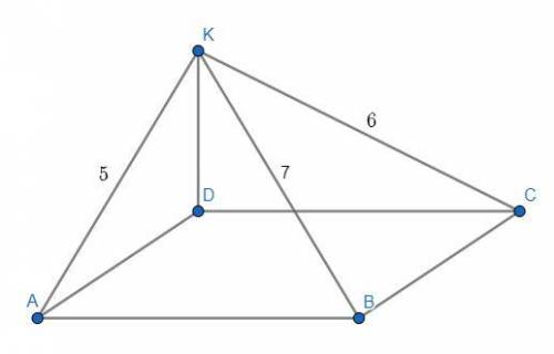 Через вершину D прямокутника ABCD проведено пряму DK, перпендикулярну до його площини. KA = 5см; KB