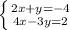 \left \{ {{2x+y=-4} \atop {4x-3y=2}} \right.