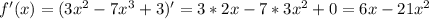 f'(x) = (3x^2 - 7x^3 + 3)' = 3*2x - 7*3x^2 + 0 = 6x - 21x^2