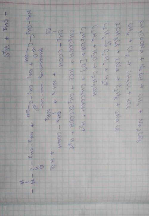Напишите Натрій етаноат → метан→хлорометан→етан→етен→етанол →етанова кислота→хлороетанова кислота→ам