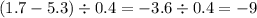 (1.7 - 5.3) \div 0.4 = - 3.6 \div 0.4 = - 9