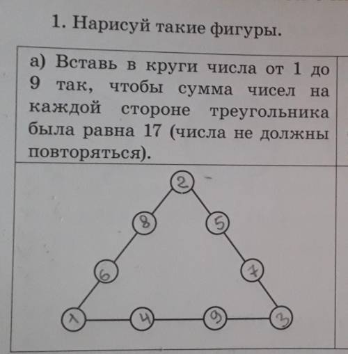 1. Нарисуй такие фигуры.а) Вставь в круги числа от 1 до9 так, чтобы сумма чисел накаждой стороне тре