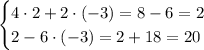 \begin{cases}4\cdot2+2\cdot(-3)=8-6=2\\2-6\cdot(-3)=2+18=20\end{cases}