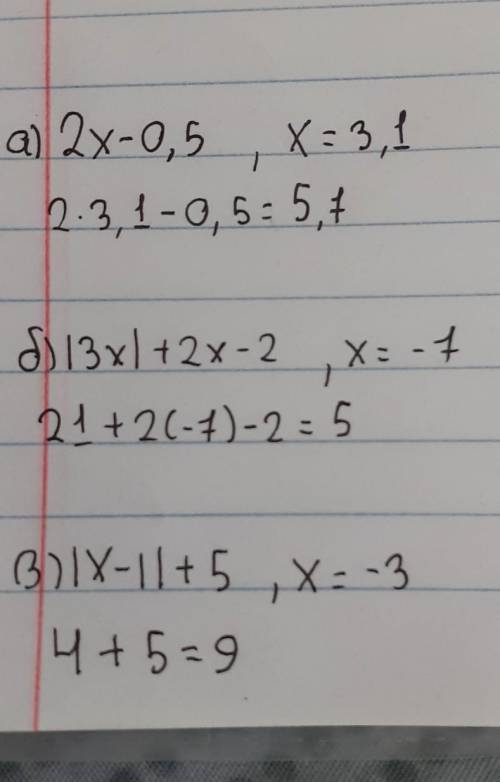 решить а) 2х – 0,5, если х = 3,1б) |3х| + 2х – 2, если х = -7 в) |х - 1| + 5, если х = -3​