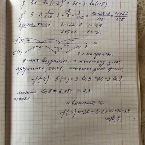 Найдите наименьшее значение функции у=5х-ln(x+5)^3 на отрезке [-4;3] . У меня получился корень , кот