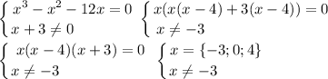 \displaystyle \left \{ {{x^3-x^2-12x=0} \atop {x+3\ne 0\qquad \qquad }} \right. \left \{ {{x(x(x-4)+3(x-4))=0} \atop {x\ne -3\qquad \qquad \qquad \qquad}} \right. \\\\\left \{ {{x(x-4)(x+3)=0} \atop {x\ne -3\qquad \qquad \qquad }} \right. \left \{ {{x=\{-3;0;4\}} \atop {x\ne -3\qquad \quad }} \right.