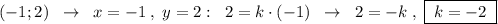 (-1;2)\; \; \to \; \; x=-1\; ,\; y=2:\; \; 2=k\cdot (-1)\; \; \to \; \; 2=-k\; ,\; \boxed {\; k=-2\; }