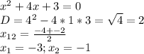 x^2+4x+3=0\\D=4^2 -4*1*3=\sqrt{4} =2\\x_{12} =\frac{-4+-2}{2} \\x_{1} =-3; x_{2} =-1