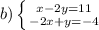 b)\left \{ {{x-2y=11} \atop {-2x+y=-4}} \right.