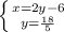 \left \{ {{x=2y-6} \atop {y=\frac{18}{5} }} \right.