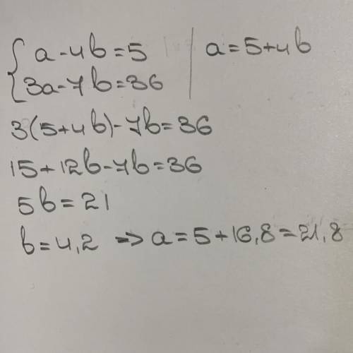 Розв'яжи систему рівнянь алгебраїчного додавання:{a−4b=5,3a−7b=36​