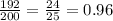 \frac{192}{200} = \frac{24}{25} = 0.96