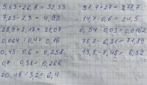 решить примеры 5,53 + 26,8 7,23 – 2,3 28,9 + 2,17 0,064 : 0,4 0,43 * 0,6 0,7 * 0,38 20,48 : 3,2 51,7