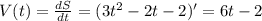 V(t)=\frac{dS}{dt}=(3t^2-2t-2)' = 6t-2