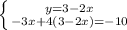 \left \{ {{y=3-2x} \atop {-3x+4(3-2x)=-10}} \right.