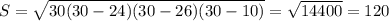 S=\sqrt{30(30-24)(30-26)(30-10)}=\sqrt{14400}=120