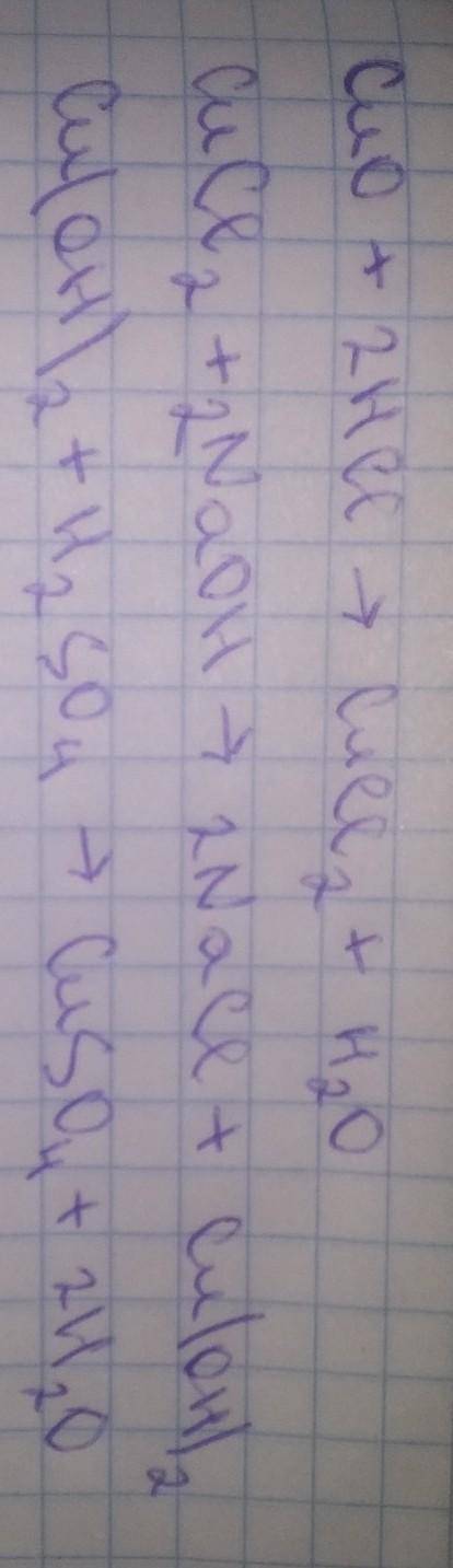 Здійсніть практично такі перетворення: CuO → CuCI2 → Cu(OH)2 → CuSO4, якщо у вашому розпорядженні ро