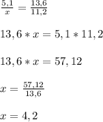 \frac{5,1}{x} =\frac{13,6}{11,2} \\\\13,6*x = 5,1*11,2\\\\13,6*x=57,12 \\\\x=\frac{57,12}{13,6} \\\\x=4,2