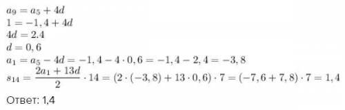 Найдите сумму четырнадцати первых элементов арифметического прогрессии (аn), если а5= - 1,4 а заране