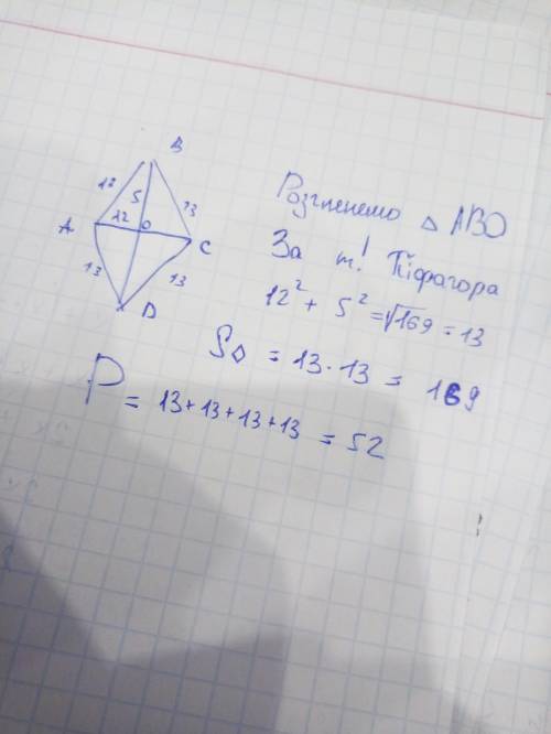 Знайдіть периметр і площу ромба діагоналі якого 10 см і 24см.​