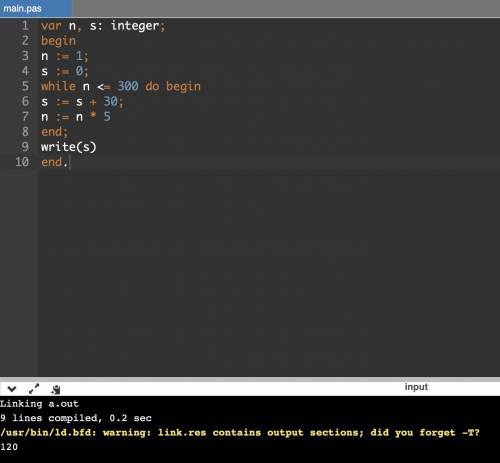 4) Запишите число, которое будет напечатано в результате выполнения следующей программы: var n, s: i