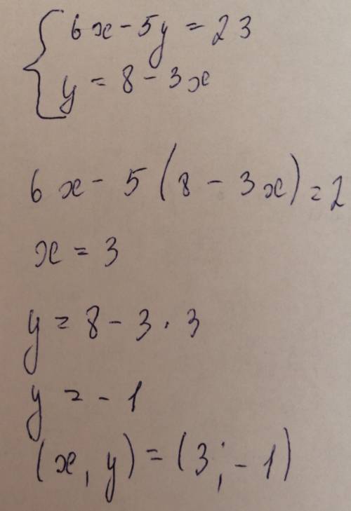 Решить сестему уравнение {6x-5y=23{3x+y=8Полностью решение