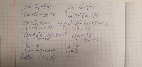 Реши систему линейный с двуминными сложения 3x-2y-6=0 6x+2y-30=0