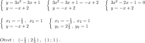 \left\{\begin{array}{l}y=3x^2-3x+1\\y=-x+2\end{array}\right\; \; \left\{\begin{array}{l}3x^2-3x+1=-x+2\\y=-x+2\end{array}\right\; \; \left\{\begin{array}{l}3x^2-2x-1=0\\y=-x+2\end{array}\right\\\\\\\left\{\begin{array}{l}x_1=-\frac{1}{3}\; ,\; \; x_2=1\\y=-x+2\end{array}\right\; \; \left\{\begin{array}{l}x_1=-\frac{1}{3}\; ,\; x_2=1\\y_1=2\frac{1}{3}\; ,\; y_2=1\end{array}\right\\\\\\Otvet:\; \; (-\frac{1}{3}\; ;\, 2\frac{1}{3}\, )\; ,\; \; (\, 1\, ;\, 1\, )\; .