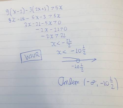 1. Решите неравенство: 9(х – 2) – 3(2х + 1) > 5х.