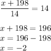 \dfrac{x+198}{14}=14\\\\ x+198=196\\x=196-198\\x=-2