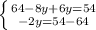 \left \{ {{64-8y+6y=54} \atop {-2y=54-64}} \right.