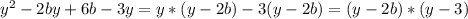 y^{2} -2by+6b-3y=y*(y-2b)-3(y-2b)=(y-2b)*(y-3)