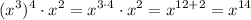 \displaystyle (x^3)^4\cdot x^2=x^{3\cdot 4}\cdot x^2=x^{12+2}=x^{14}