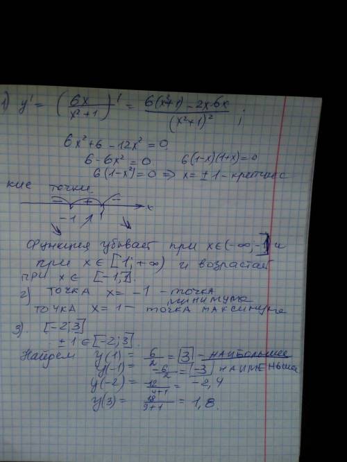 дана функция у = 6х/( х^2+ 1 ) 1) Найдите промежутки возрастания и убывания 2) Точки экстремума 3)