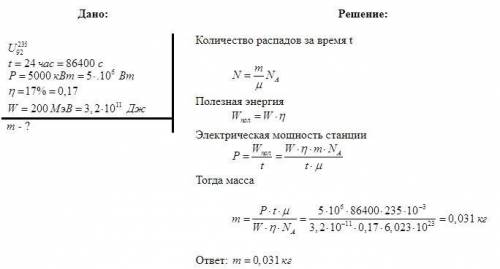 ККД АЕС становить 25% її потужність 3.5*10^4 кВт.За який час АЕС використає 100г Урану?