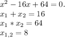 x^{2} -16x+64=0. \\x_{1} +x_{2} =16\\x_{1} *x_{2} =64\\x_{1,2} =8