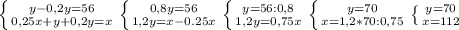 \left \{ {{y-0,2y =56} \atop {0,25x+y+ 0,2y=x}} \right. \left \{ {{0,8y=56} \atop {1,2y=x-0.25x}} \right. \left \{ {{y=56:0,8} \atop {1,2y=0,75x}} \right.\left \{ {{y=70} \atop {x=1,2*70:0,75}} \right. \left \{ {{y=70} \atop {x=112}} \right.