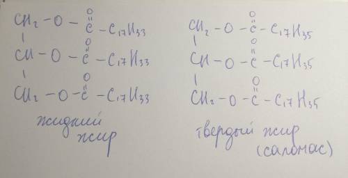 Привести структурную формулу молекулы твердого и жидкого жира.