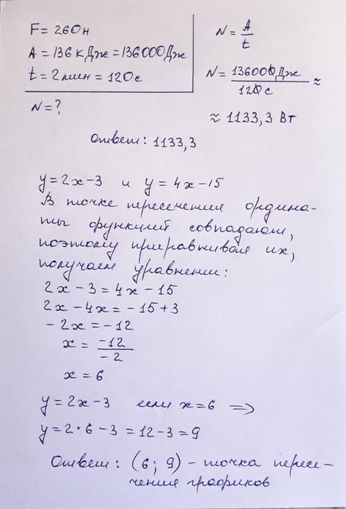 Не выполняя построения, найдите координаты точки пересечения графиков функций у=2х-3 и у=4х-15